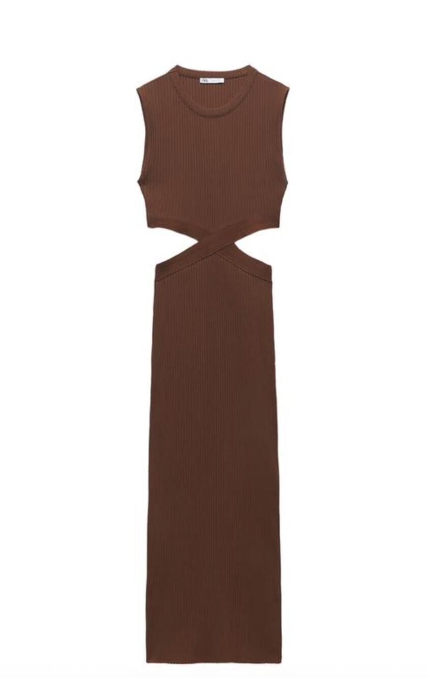 Zara Chocolate Brown Cut-Out Ribbed Sleeveless Midi Dress Small